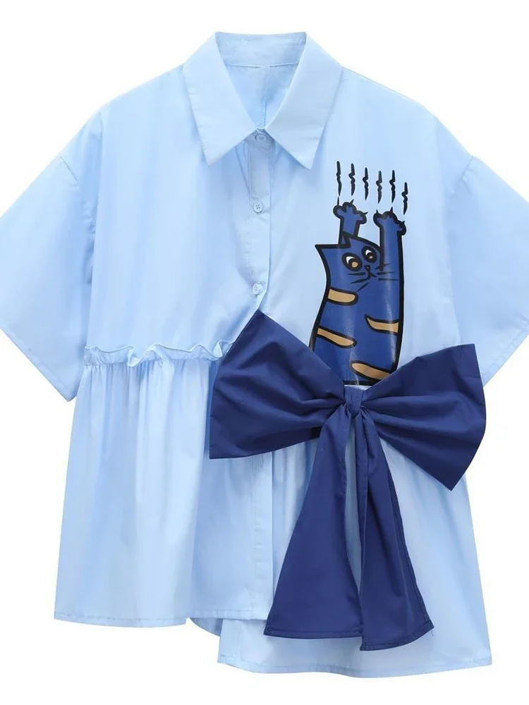 Zoki ثلاثية الأبعاد القوس لطيف قميص المرأة فضفاضة تصميم غير رسمي القط طباعة بلوزة خمر الكورية الصيف قصيرة الأكمام الإناث كل مباراة الرجعية #5