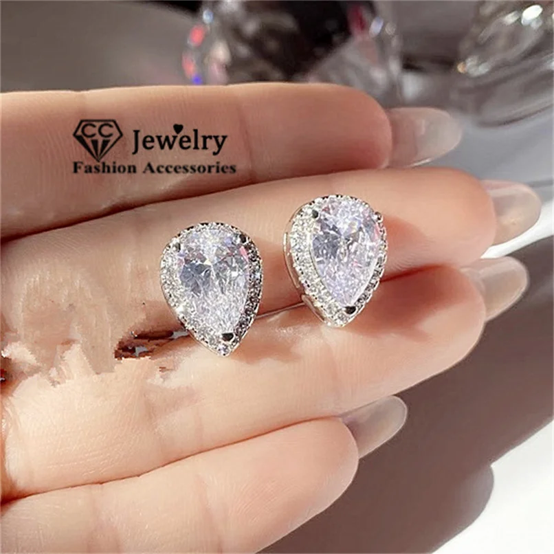 CC Stud Earrings For Women Girl White Zirconia Diamand Wedding Jewelry Brincos 925 Silver Needle Fashion Accessories E051