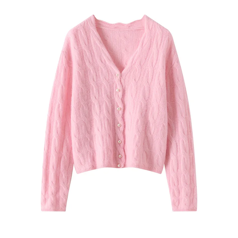 Autumn Winter One Size 7 Needle Pearl Button Women's Cardigan 100% Cashmere Sweater V-Neck Knitted Twist Coat Sweater Base Shirt