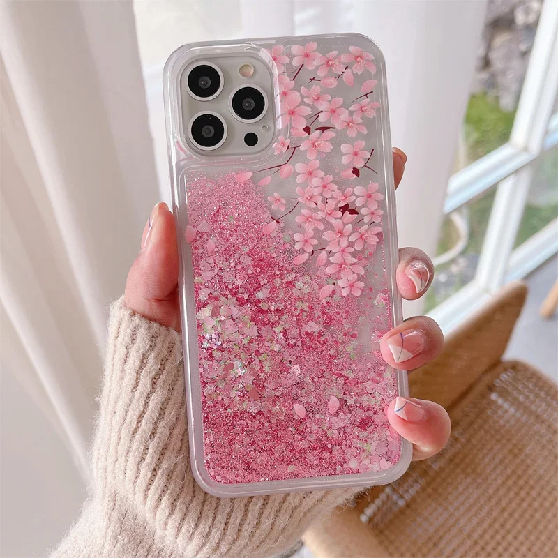 Dandelion Floral Quicksand for iPhone 15 Pro 14 13 16 Pro Max Phone Case Purple Moving Sand Heart Flakes Soft Cover Clear Shell