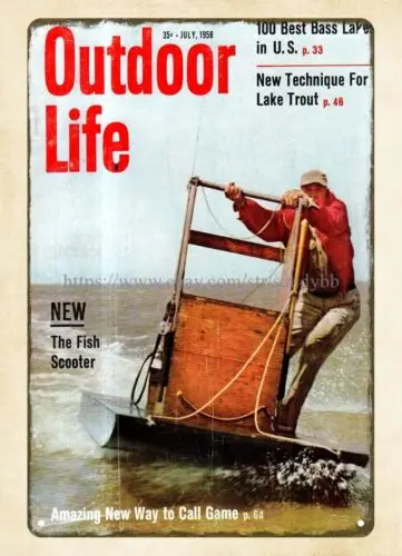 1958 Outdoor Life fish scooter metal tin sign home accessories store plaque