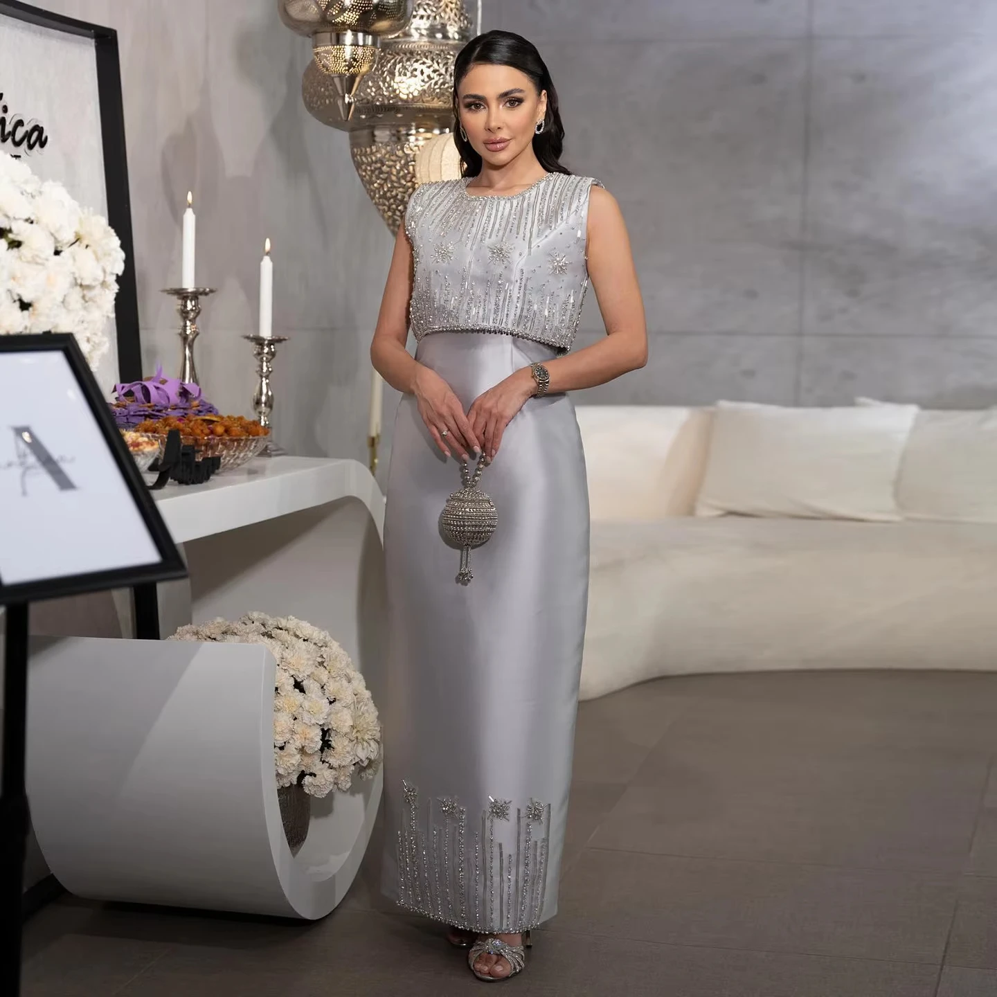 

Rhinestones Dubai Silver Gray Midi Formal Evening Dress For Arabic Women Wedding Party Dress SZ277