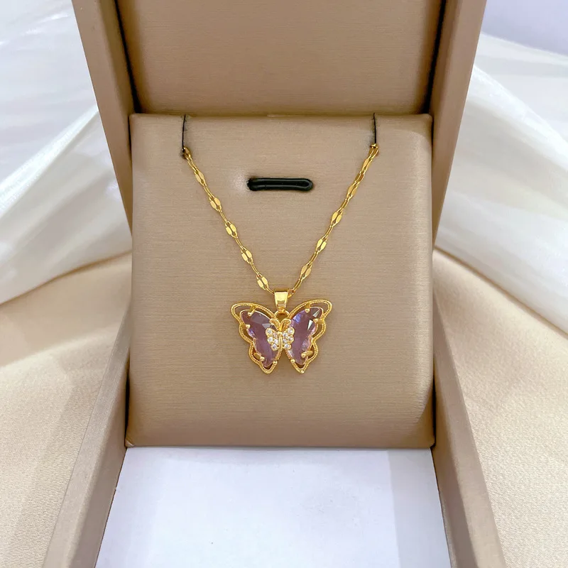 (Titanium Steel) Gorgeous and Stylish Hollow Titanium Steel Butterfly Necklace with Crystal Drop Decoration for Women