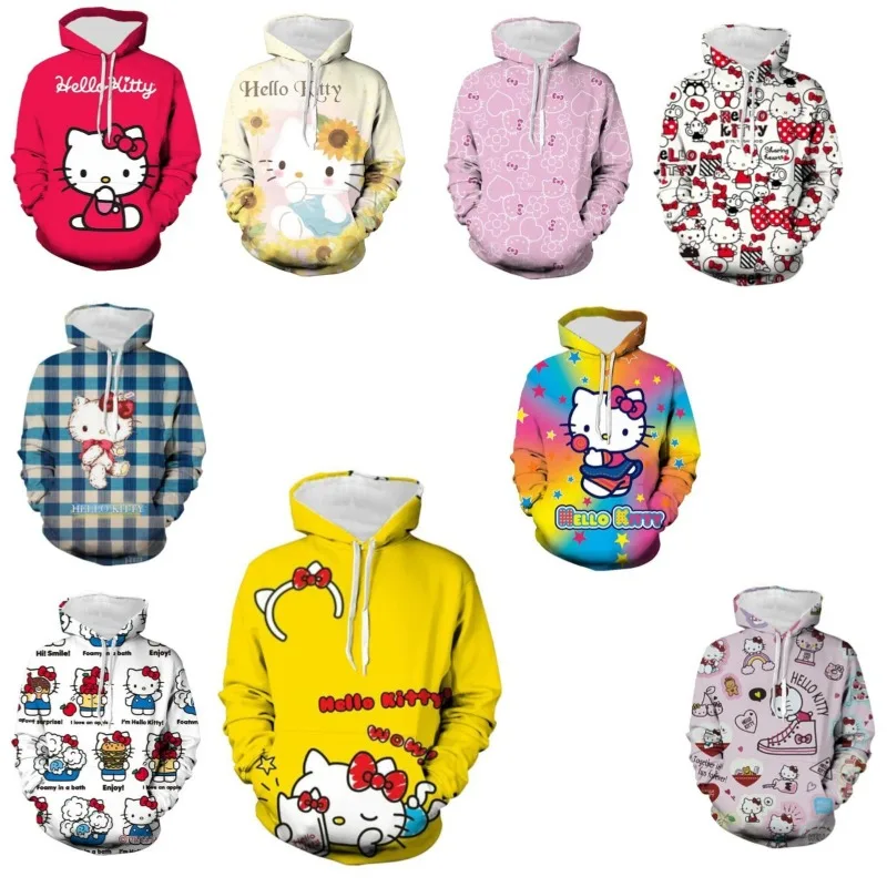 

Женский свитшот Sanrio Hello Kitty с принтом 2022, свободная универсальная толстовка с капюшоном для женщин и девочек, топы с 3D принтом, пуловер