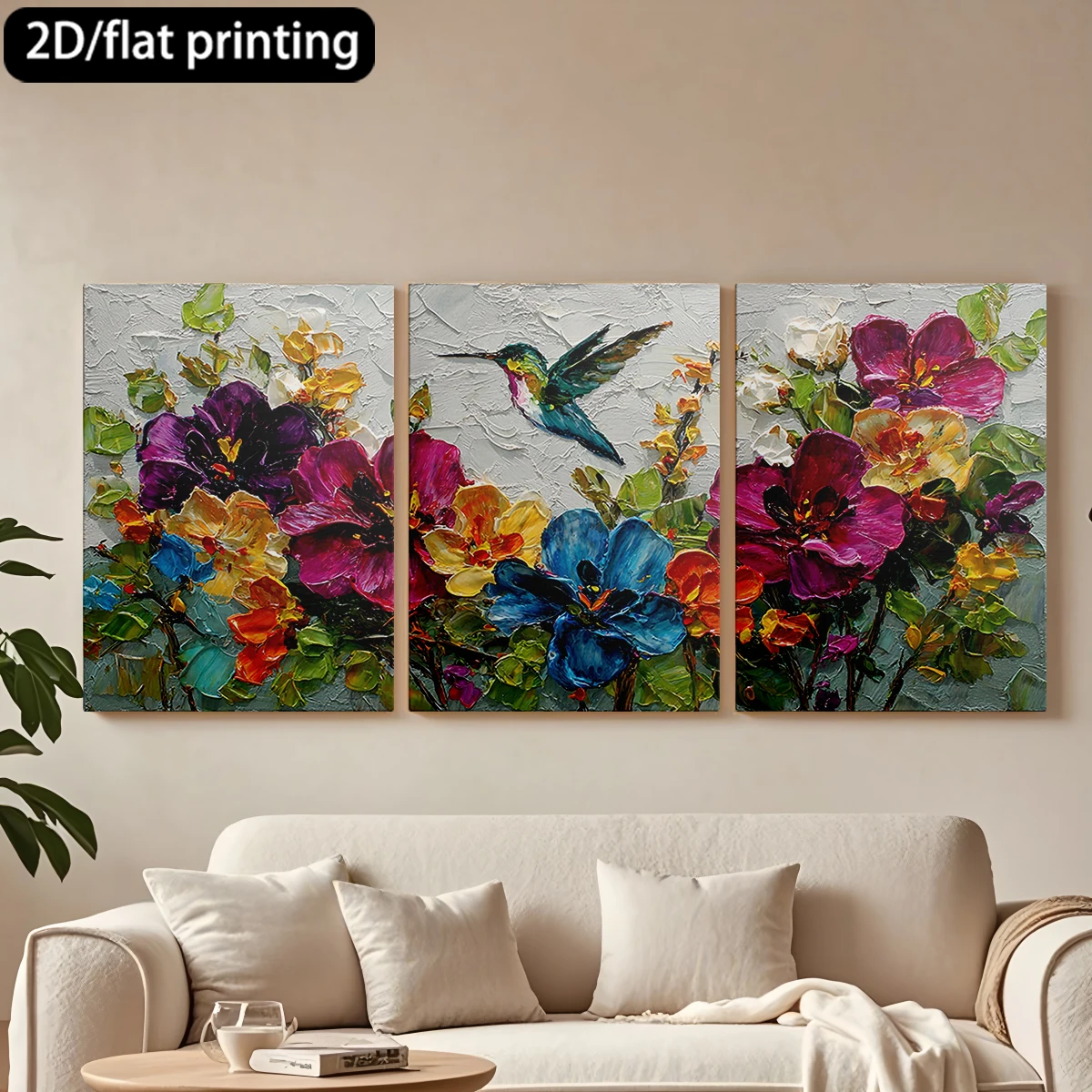 

2D flat printing 3pc wooden frame canvas decorative painting Hummingbird amidst bouquet of flowers.Corridor bedroom decoration