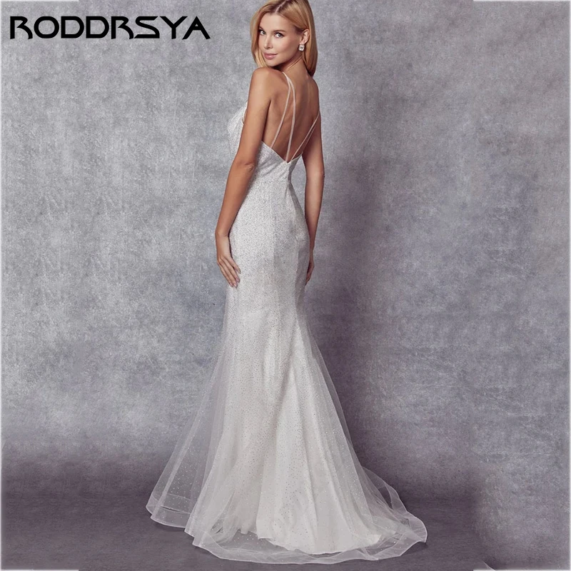 RODDRSYA-Robe de Mariée Sirène en Tulle Scintillant pour Femme, Patients, Sexy, Dos aux, Bretelles Spaghetti Robe de Mariée Sirène en Tulle Scintillant pour Femme, Patients, Sexy, Dos aux, Bretelles Spaghetti Robe de M