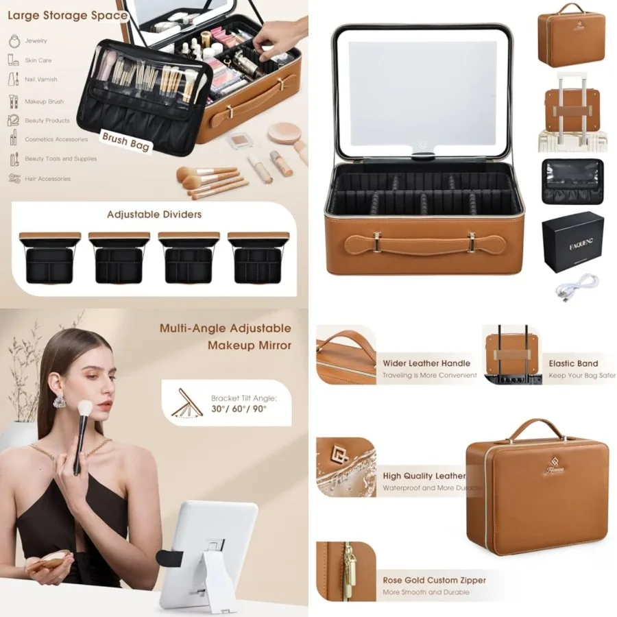 

Leather Makeup Case with LED Lighted Mirror Travel Makeup Bag Adjustable Brightness in 3 Colors Cosmetic Organizer Artist Stora
