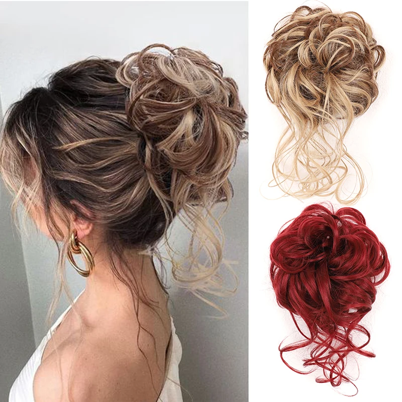 

Messy Curly Bun Extensions Ombre Brown Elastic Scrunchies Hairpieces Natural Synthetic Curls Chignon Updo Hair Buns for Women