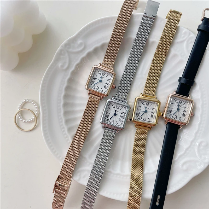 Women Quartz Watch Luxury Square Shaped Clock Vintage Roman Numerals Rose Gold White Dial Orologio Reloj Ladies Wristwatch