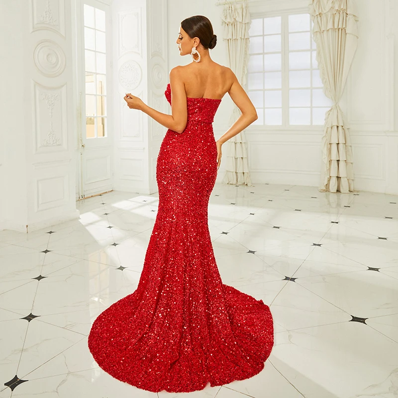 2024 Summer Clothes Women Strapless Backless Red Sequined Wedding Brides Cocktail Prom Evening Party Long Mermaid Dresses