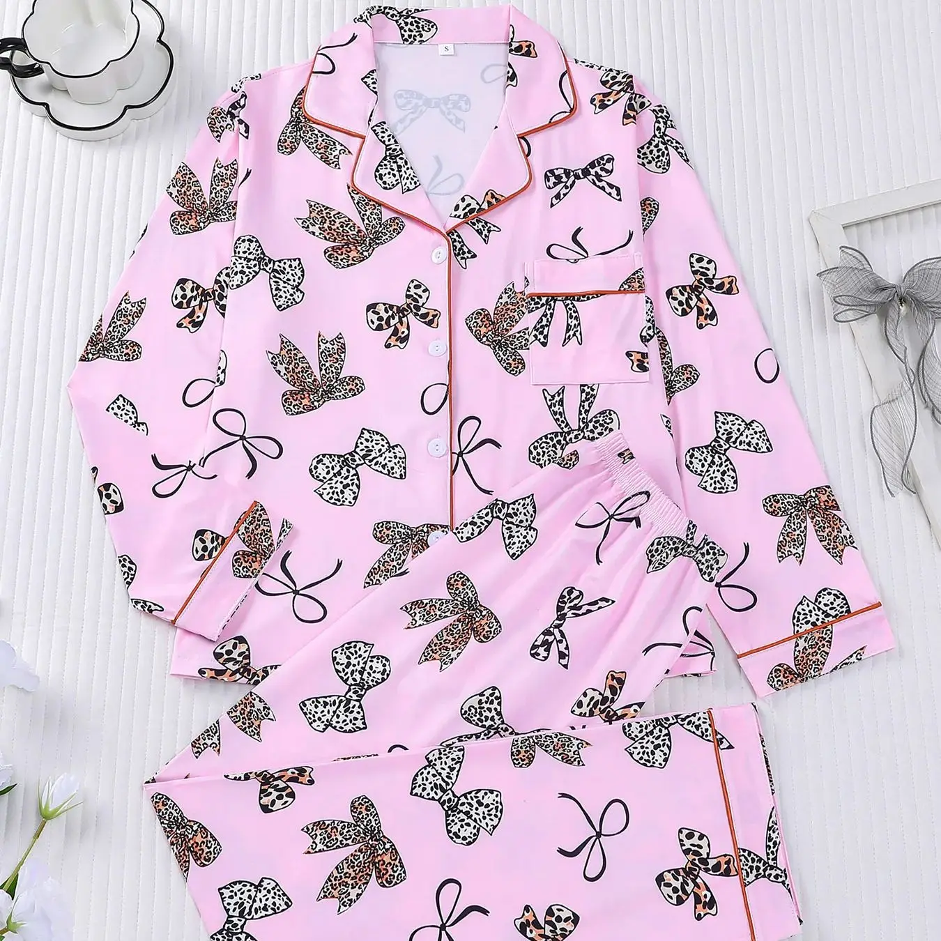 

Ins Style Edgy Leopard Bow Women's Sleepwear Set 2 Piece Pink Print Lapel Collar Long Sleeve Long Pants Casual Daily Home Wear
