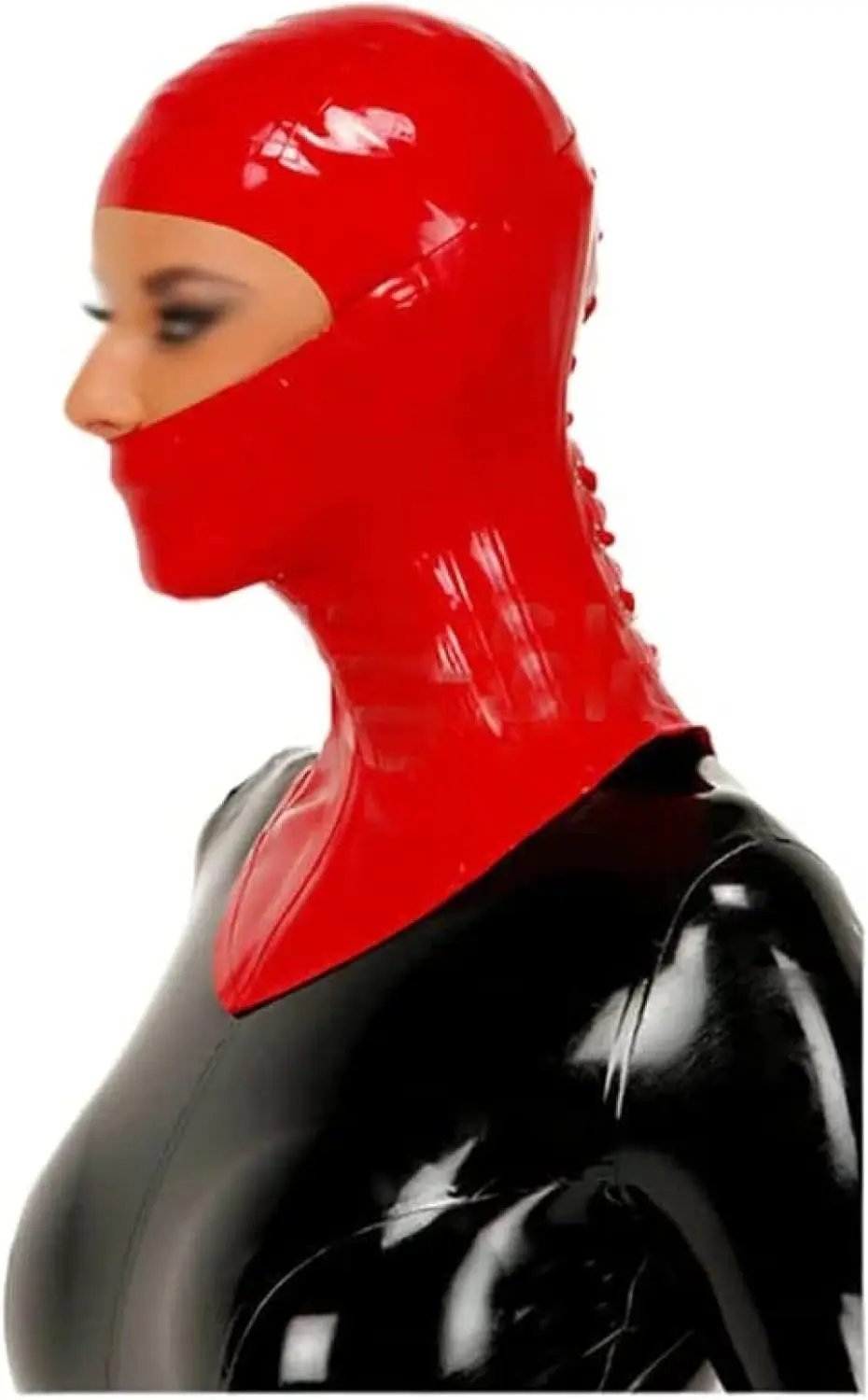 

Сексуальная красная латексная резиновая маска с корсетом на шее и шнуровкой сзади