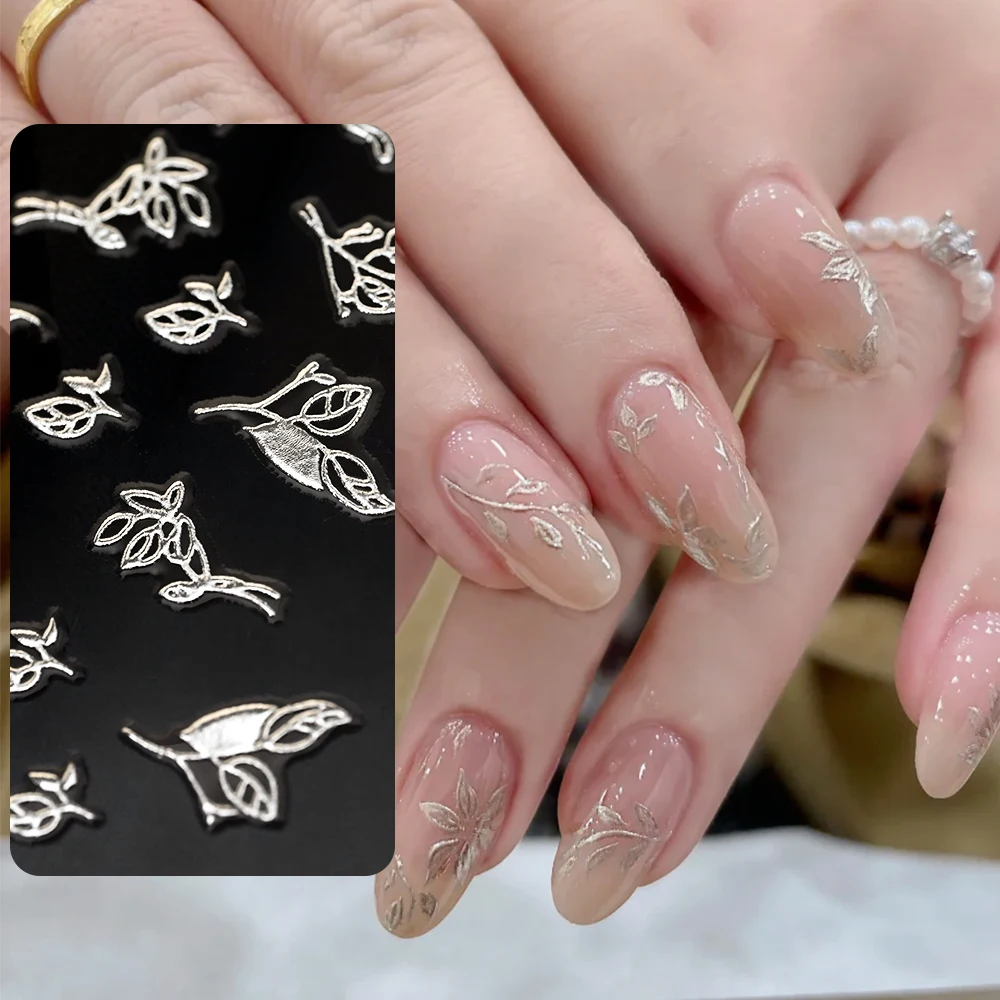 30pcs Sliver Heart/Moon/Star Shaped Nail Art Stickers 3D Adhesive Glittery Lace Grid & Leaf Pattern Design DIY Nail Art Sliders