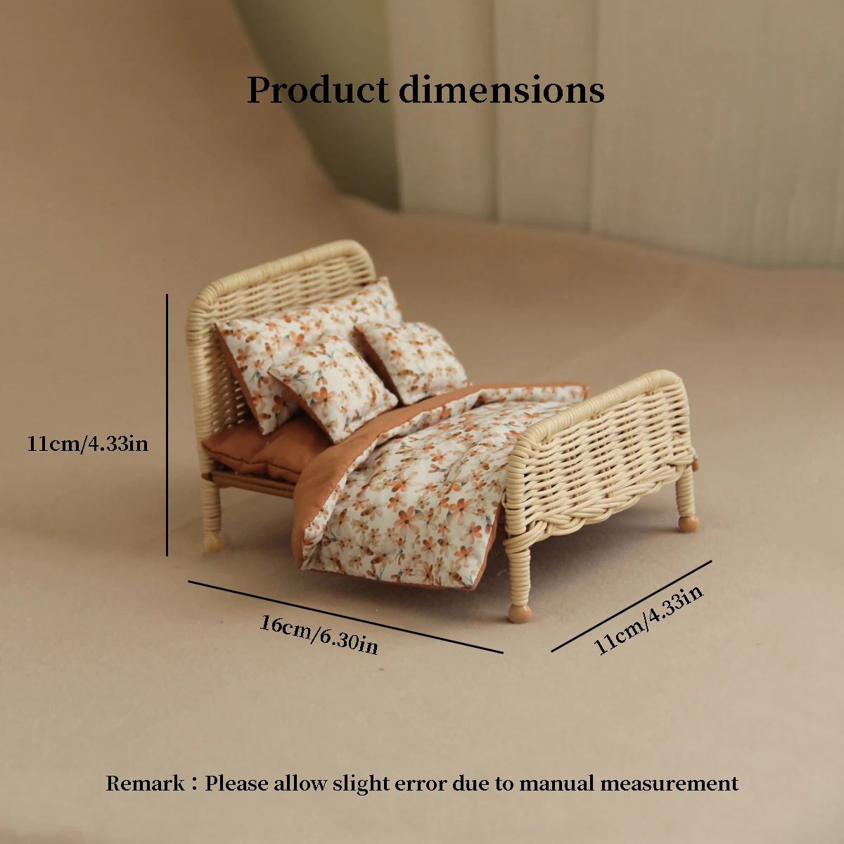 أثاث مقلد مصغر بمقياس 1:8-1:12: سرير الروطان L-16 سم مع طقم سرير مكون من 3 قطع، ومظلة سرير، وماوس تلبيس H-15 سم، مناسب لتزيين بيت الدمى BJD/OB11 #3