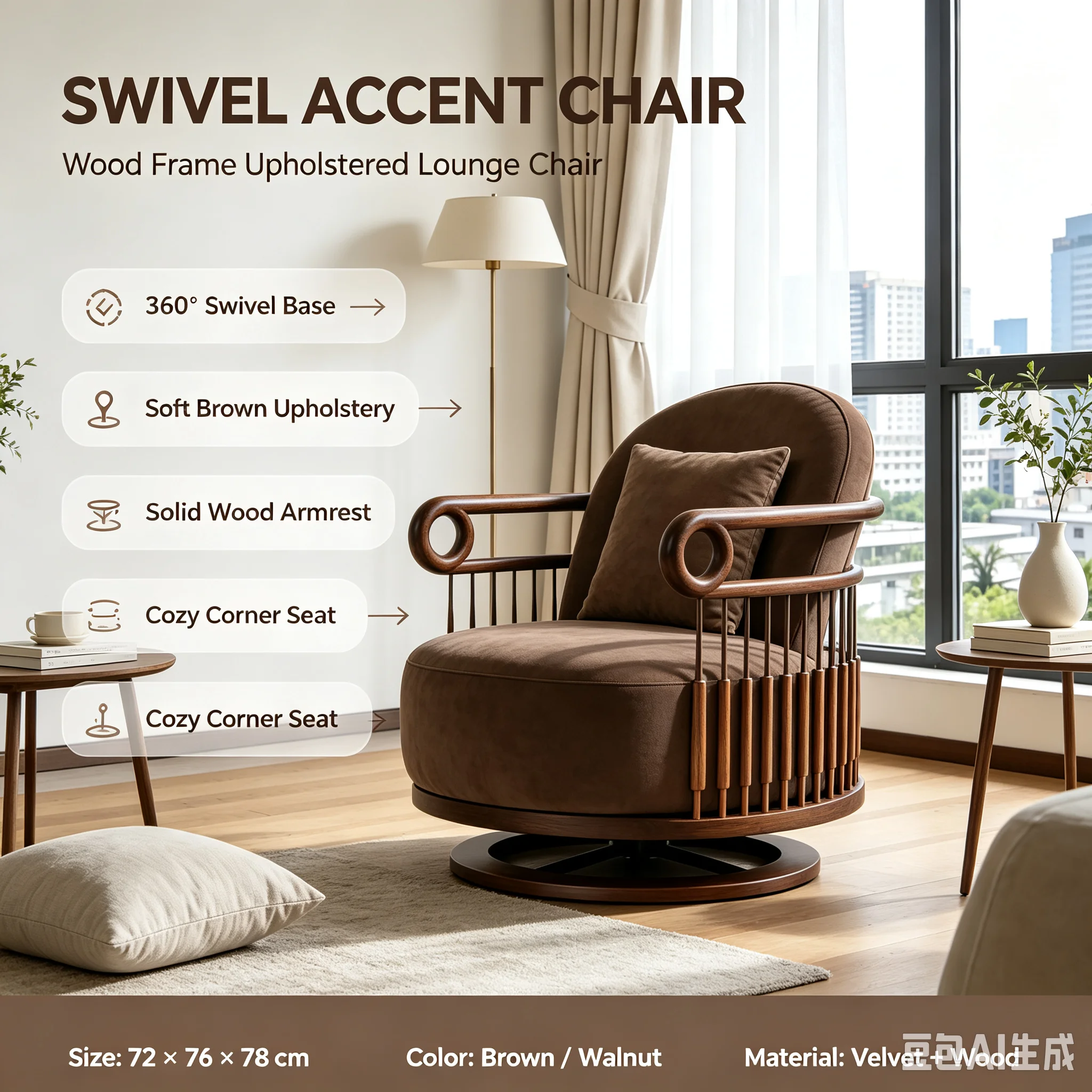 SCY ash wood solid wood rotating single sofa chair living room leisure chair adult back chair