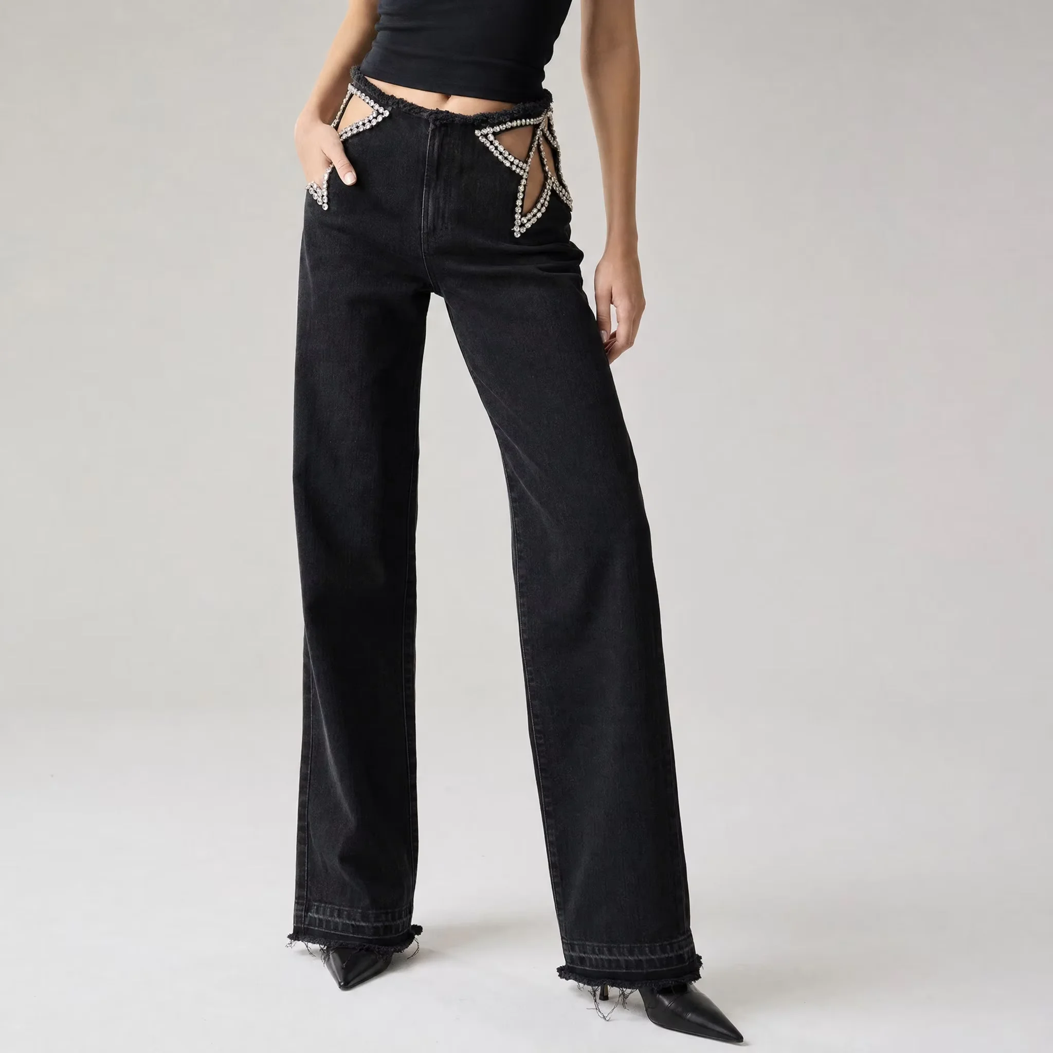 Y2K Rhinestone star shaped hollowed out black straight leg jeans with hollowed out crystal decoration tassel jeans