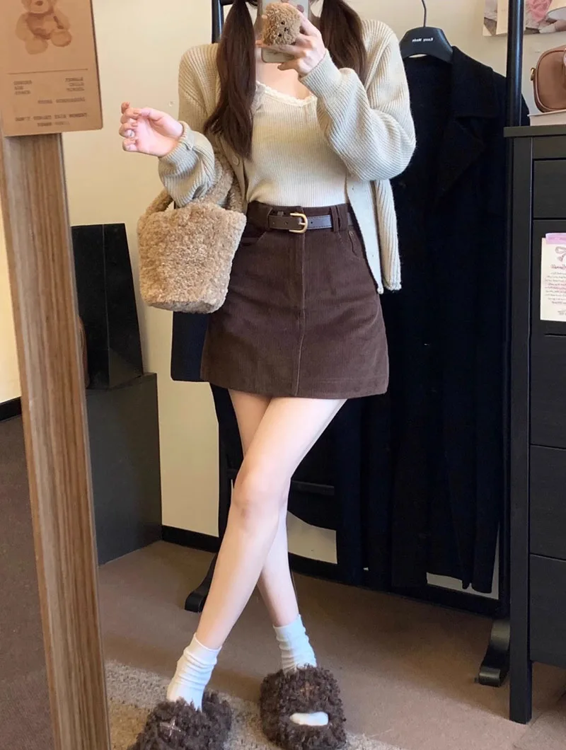 Vintage Carduroy Mini Skirt Women Korean Fashion with Belt High Waist Bodycon Skirts Elegant Slim Fit Streetwear Short Skirts 71 S1dd62f99e27d4f7bb91d2a4c949757764