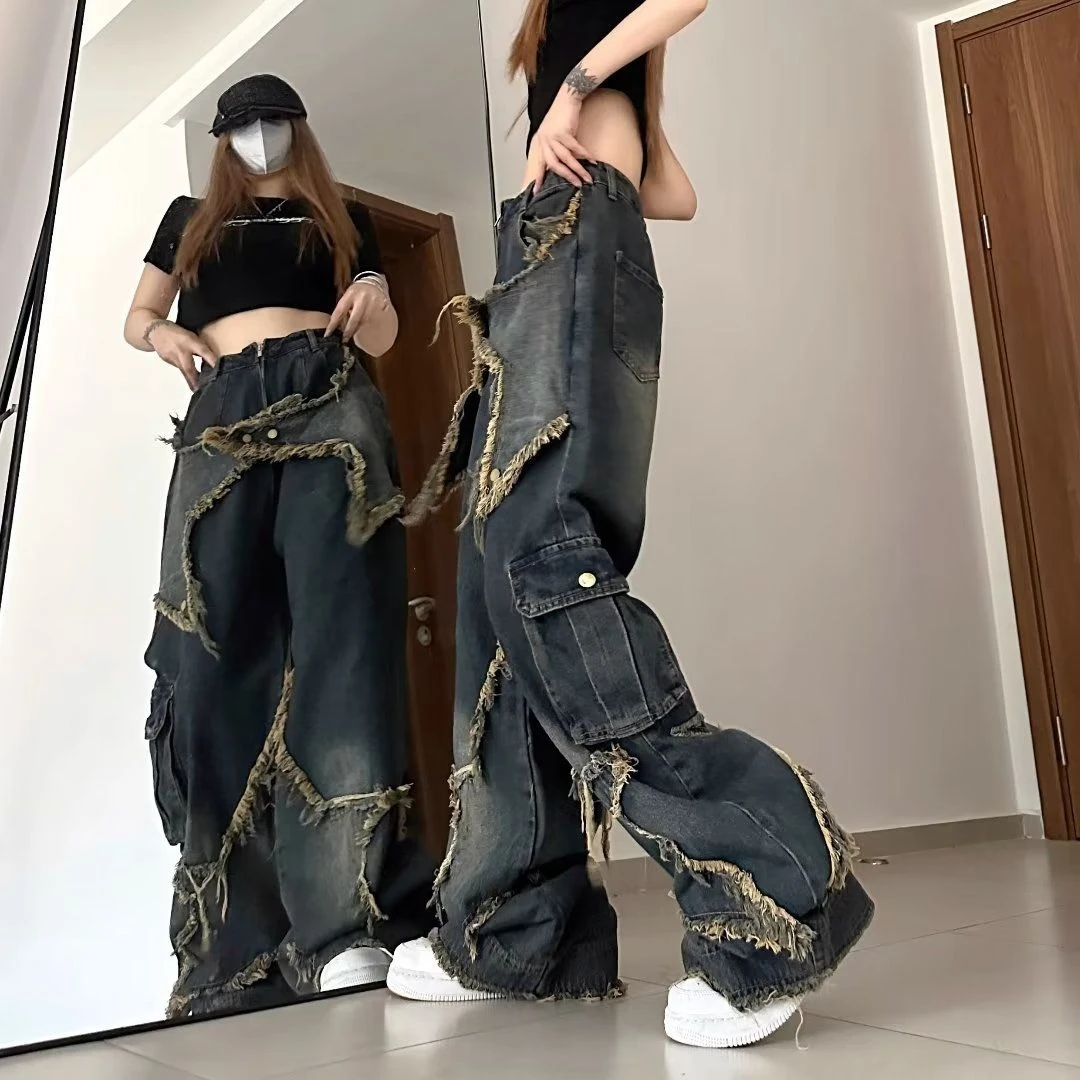 2025 Chic Gothic Pockets Zipper Casual Pants American Retro Wash Grunge Wide Leg Jeans Street Style Button Fashion Denim Pants