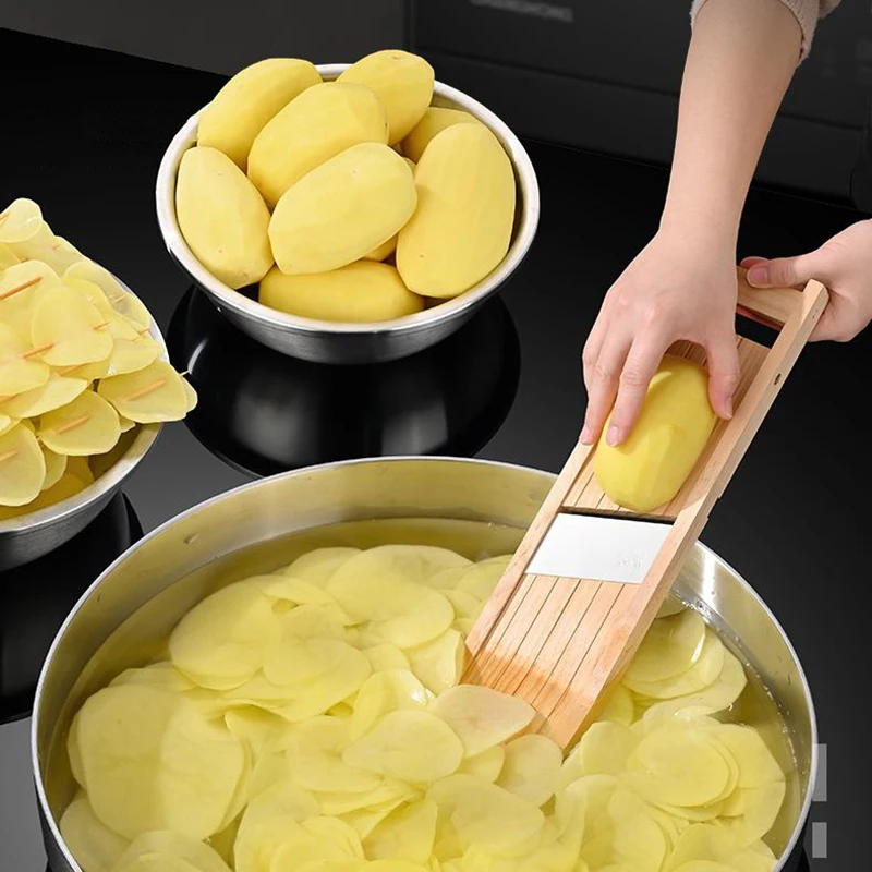 Multifunctionele Wooden Vegetable Cutter With Steel Blade Slicer Potato Peeler Carrot Cheese Grater Kitchen Accessories Tools.