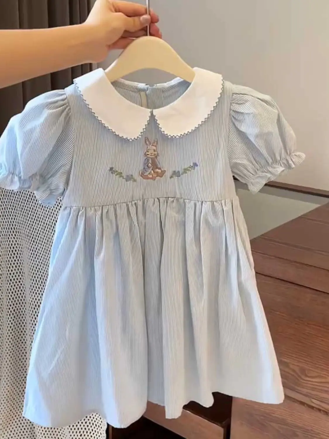 Baby Girls\' Short sleeved Dress Summer Dress New Children\'s Bubble Sleeve Fashion Striped Rabbit Dress Embroidered