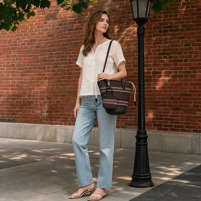 Rattan-Geflecht-Marktkorb-Schultertasche mit passender Geldbörse, handgefertigte gewebte Einkaufstasche für Damen, elegante Tragetasche – Detail 17
