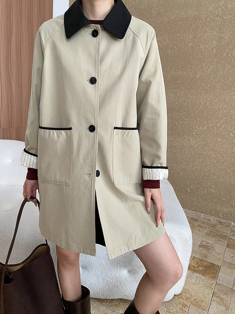 Women Khaki Color-block Big Size Casual Trench New Lapel Long Sleeve Windbreaker Fashion Tide Spring Autumn