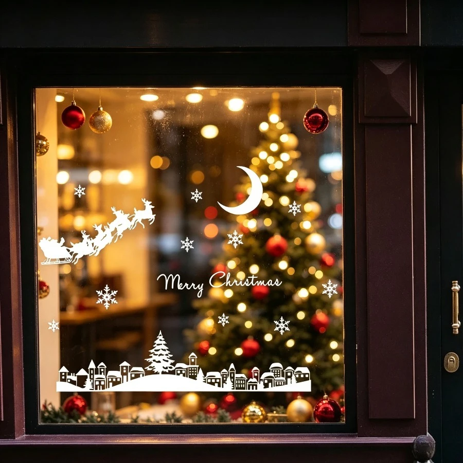 45x60cm Christmas Wall Decals Colorful Removable Stickers Window Glass Door Home Holiday Restaurant Decor Ornament Set