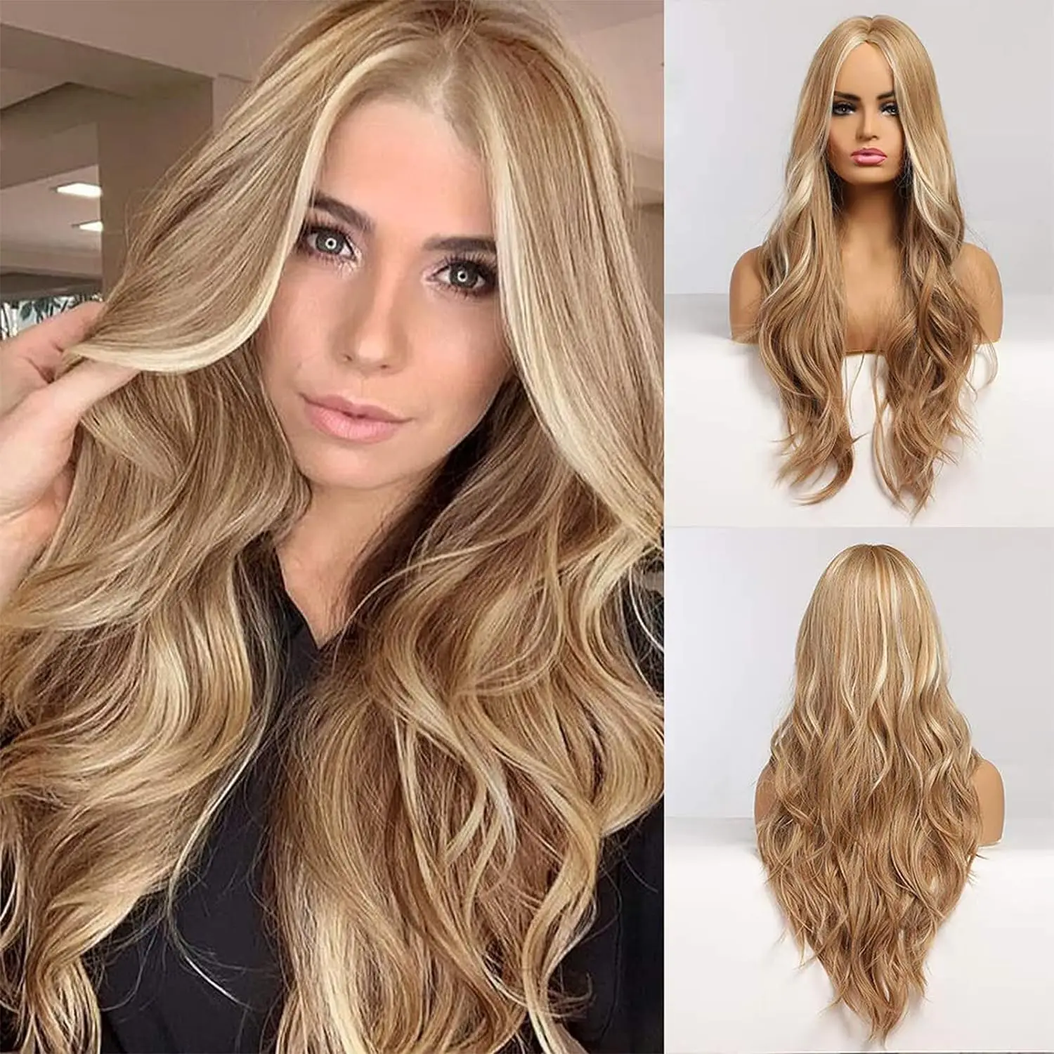 

28inch Golden Long Curly Hair, Medium-Parted Large Wave Synthetic Wig, Suitable for Daily Use