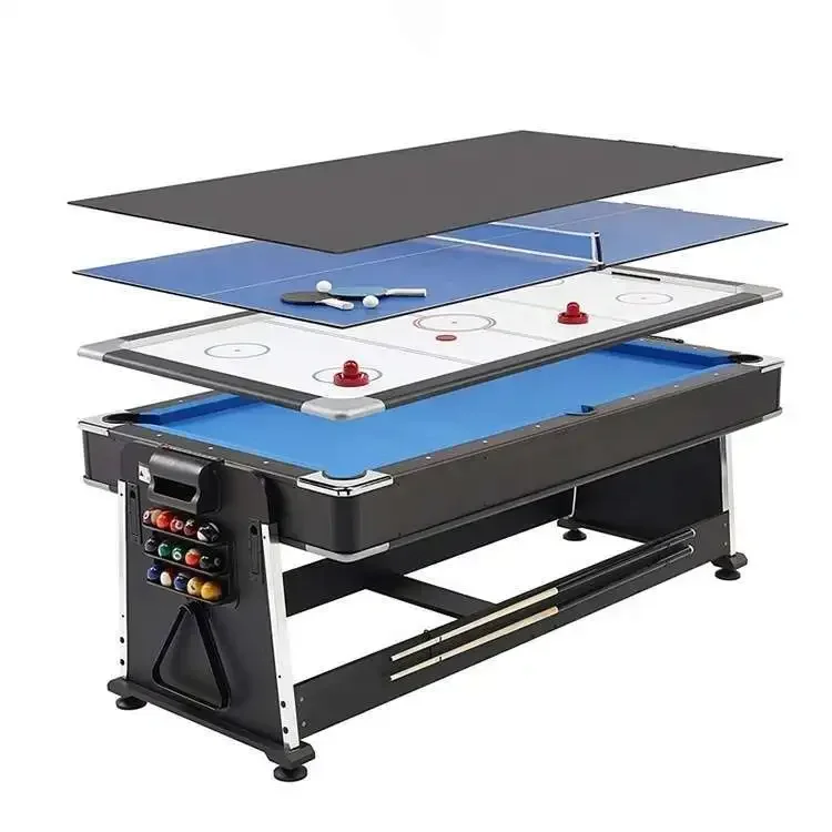 Wholesale Price Indoor MDF Rotating Multipurpose Table Tennis Game Billiards 4-in-1 Rotating Pool Table 7ft Restaurant