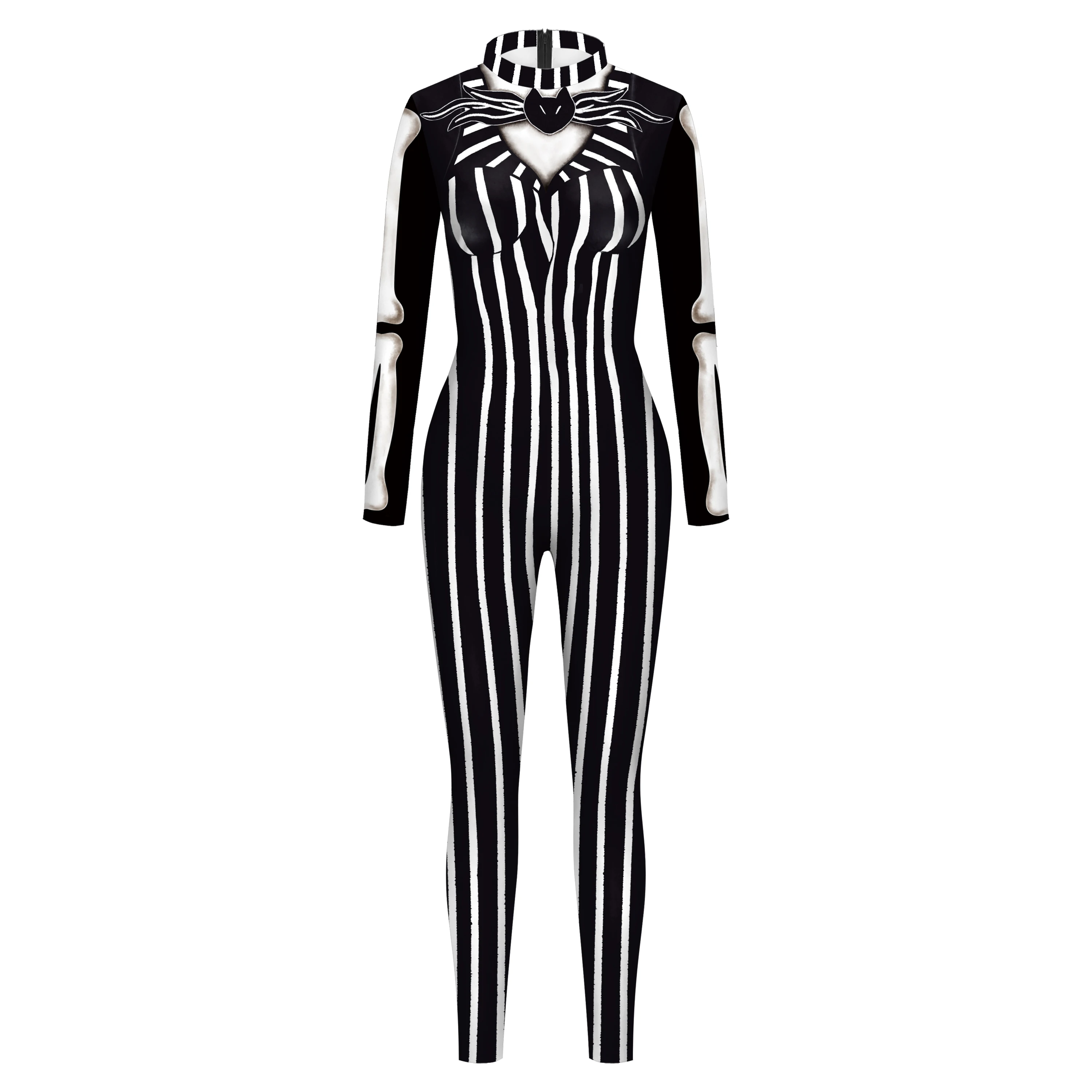 Black and White Stripes Jumpsuit 3D Printing Women Fake Two Pieces Bodysuit Halloween Party Cosplay Costume Performance Catsuit