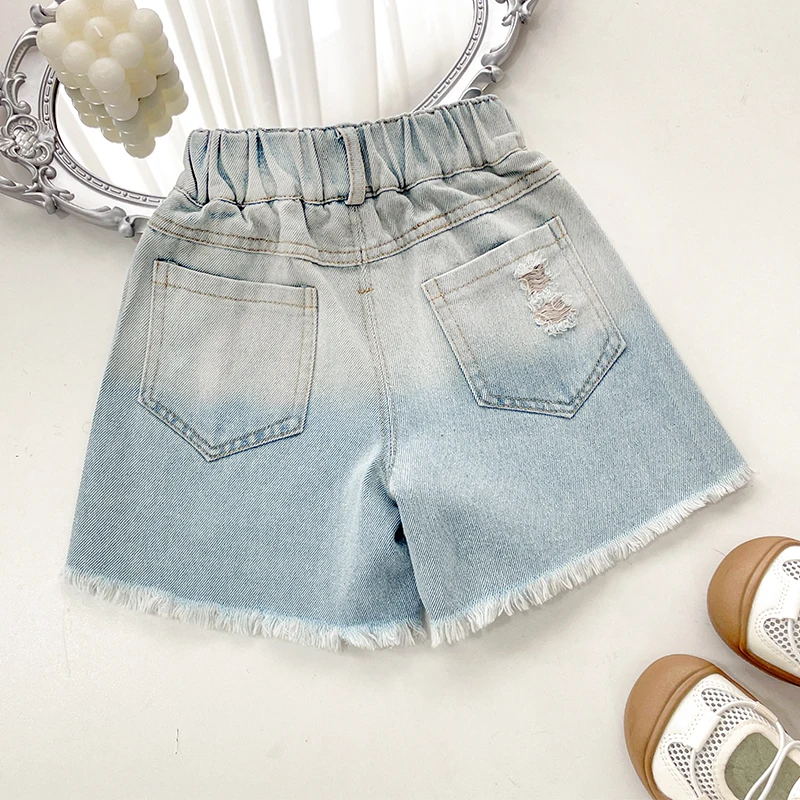 Girls' Summer Denim Shorts New Children's Fashion Rhinestone Hot Pants Korean Style Ripped Versatile Thin Outer Wear Pants