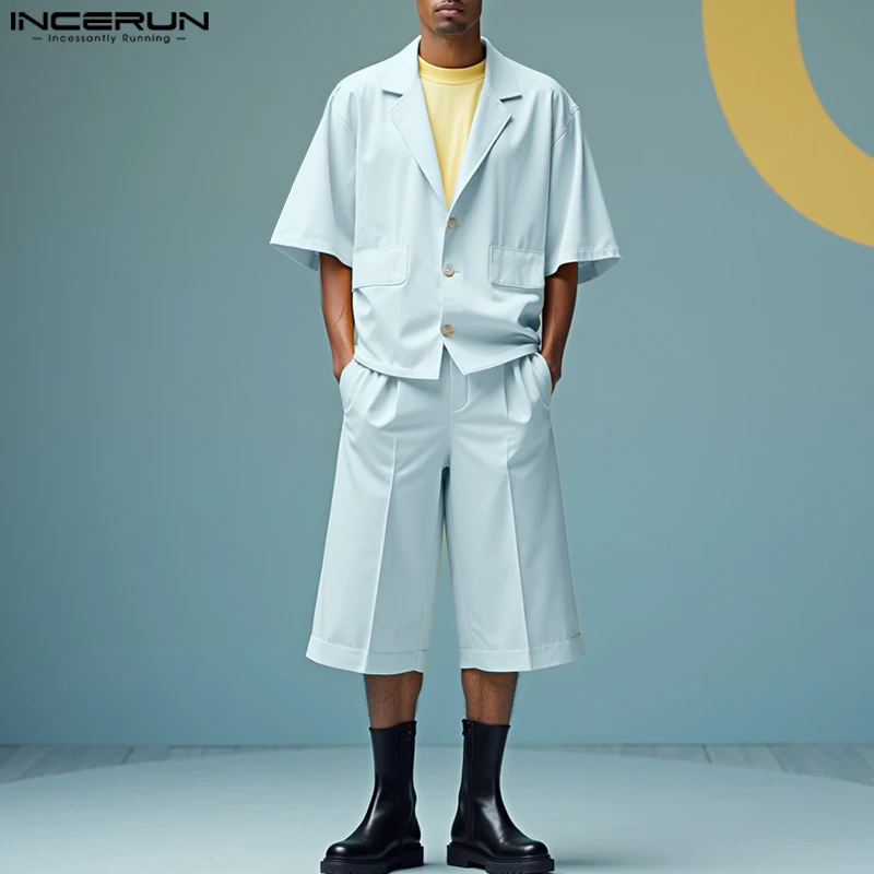 Conjuntos para hombre INCERUN, camisa y pantalones cortos de media manga con solapa de gran tamaño de Color sólido, conjuntos de dos piezas, ropa de calle de verano, trajes de moda para hombre 2025