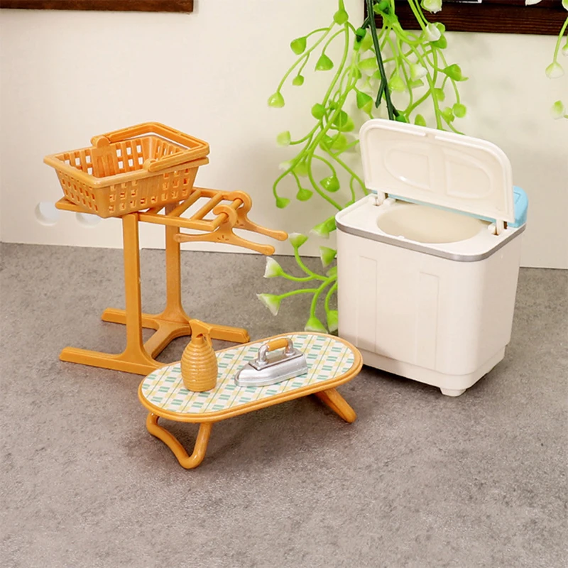 1:12 Dollhouse Miniature Washing Machine Clothes Drying Rack Iron Laundry Set Decor Toy Doll Furniture Kid's Pretend Play Toy