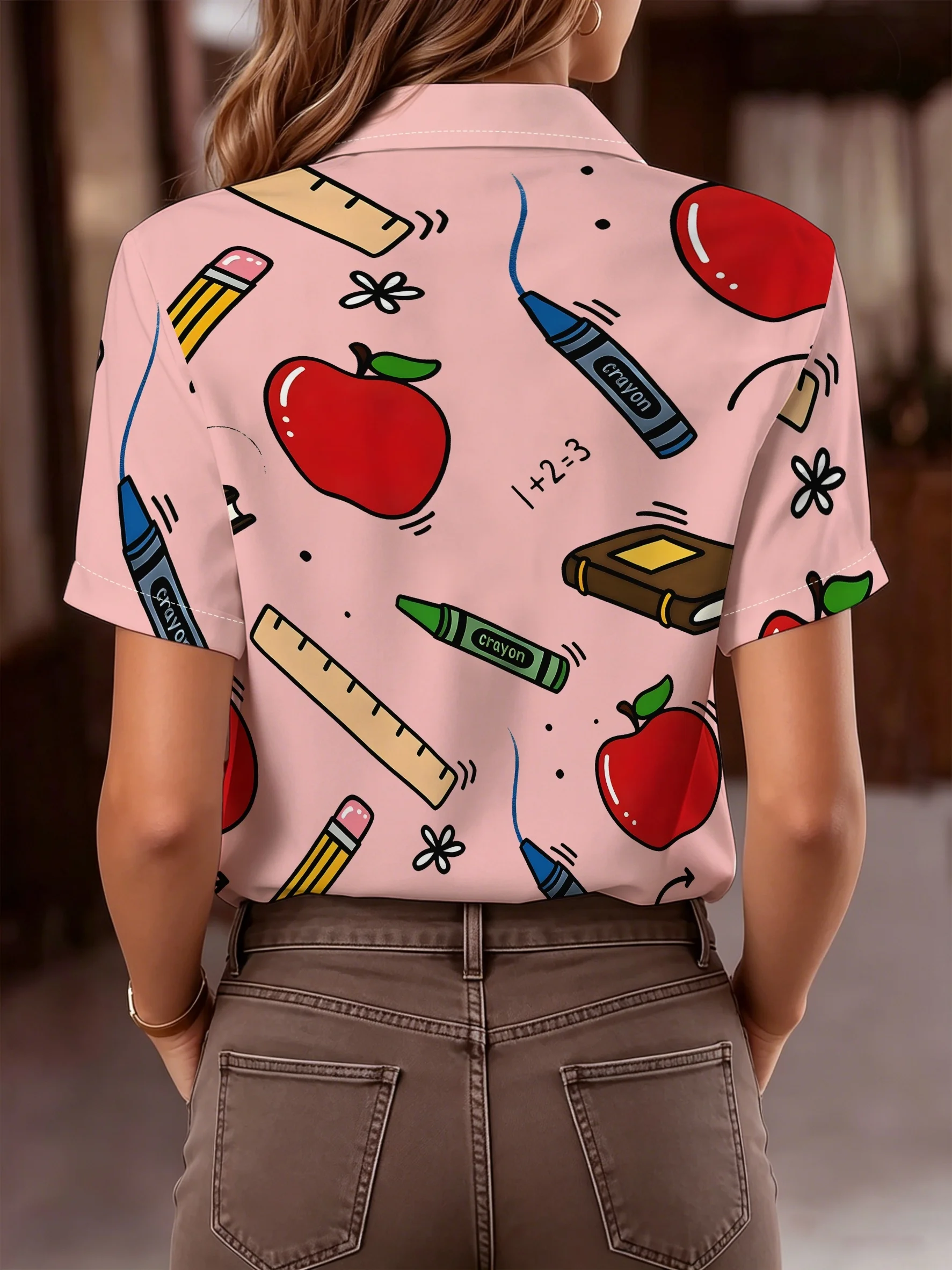 Damen-Langarmshirt mit Cartoon-Apfel- und Schreibwaren-Print, lässig, normale Passform, bequem, vielseitig, für Pendler, für den täglichen Gebrauch – Detail 10