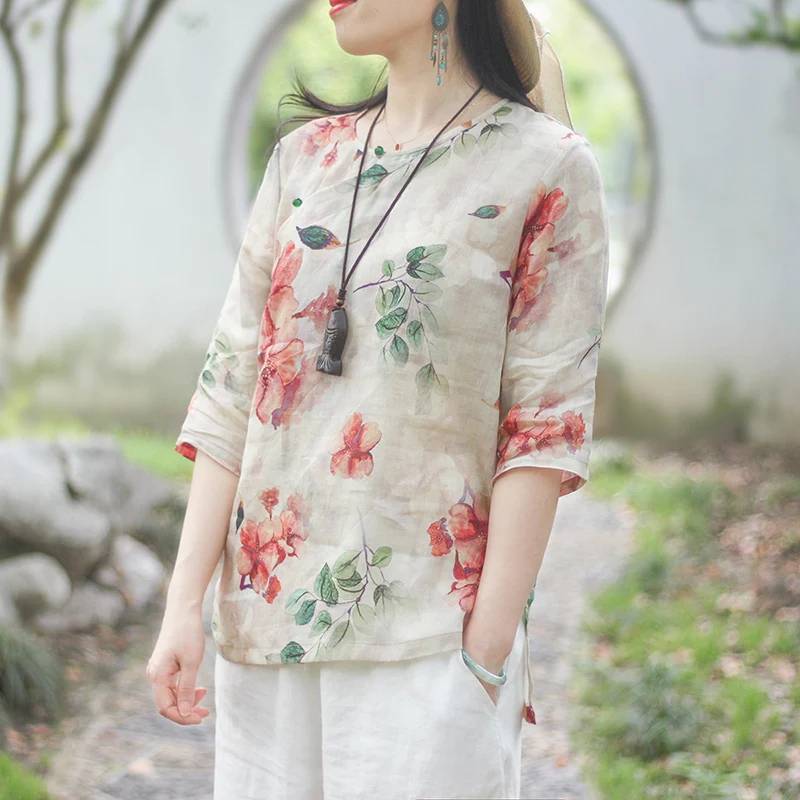 Women Summer Printed Shirt Round Neck Cotton And Linen Vintage Floral Half Sleeve Casual Loose Thin T-shirt Elegant Lady Shirt