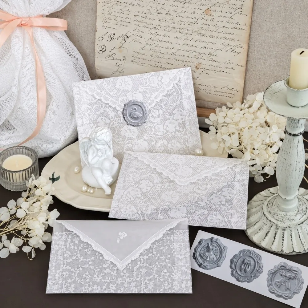 4pcs Per Set Lace Paper Envelope Paper Material Hollow Wedding Invitation Envelopes Transparent Lace Postcard Storage Bag