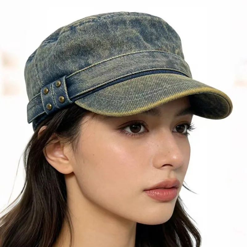 New High Quality Retro Rivet Washed Denim Visor Cap for Women, Casual Jockey Navy Hat Trendy