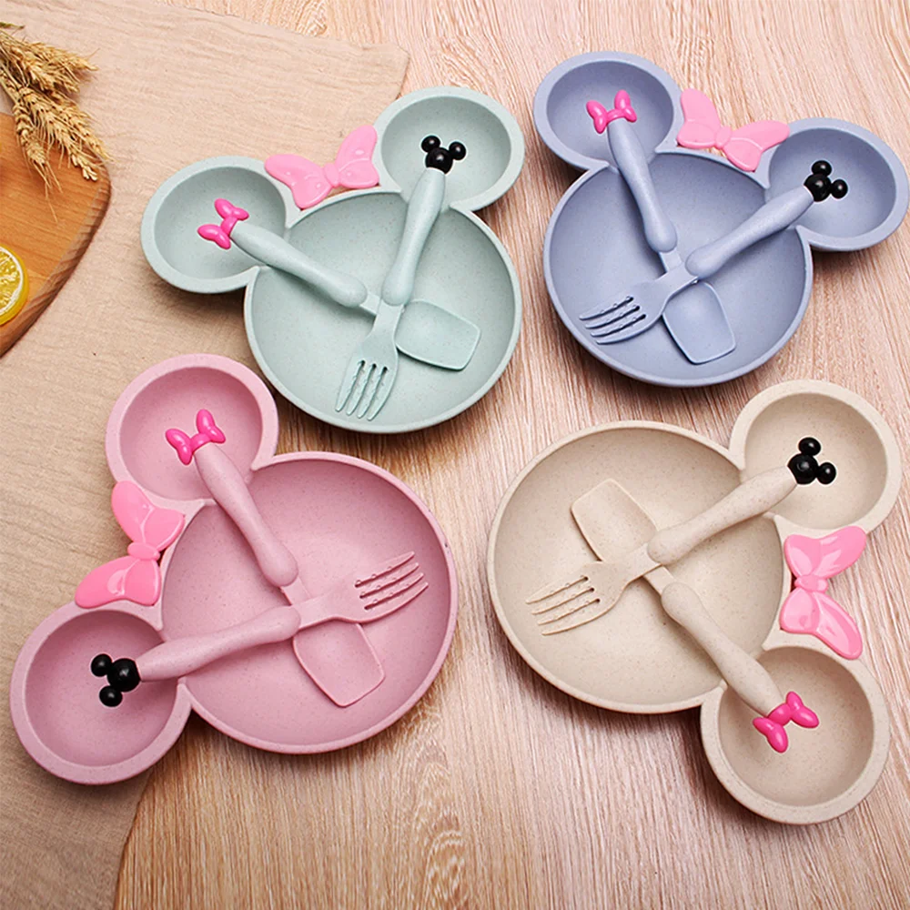3Pcs/set Cartoon Baby Bowl Tableware Set Wheat Straw Children's Dishes Kids Dinner Feeding Plate Bowknot Food Plate Spoon Fork