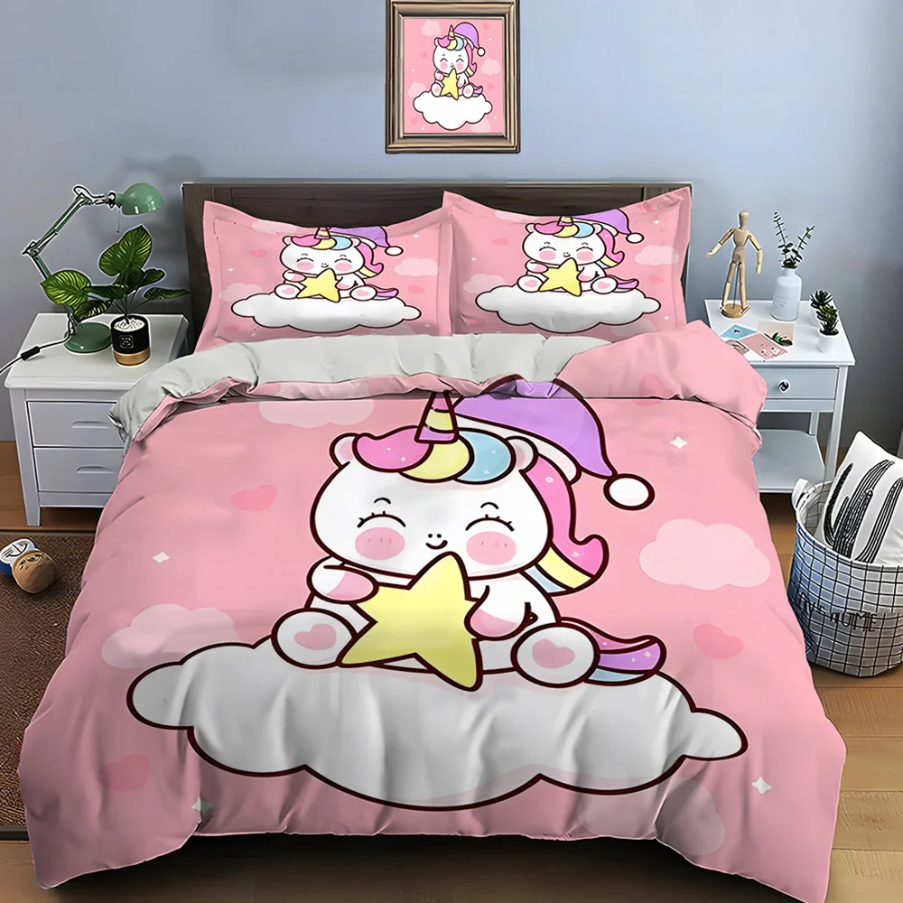 Cute Cartoon Unicorn Print Bedding Set Duvet Cover 1 Duvet Cover 2 Pillowcases Adult and Kids Bedding Set Luxury Holiday Gifts