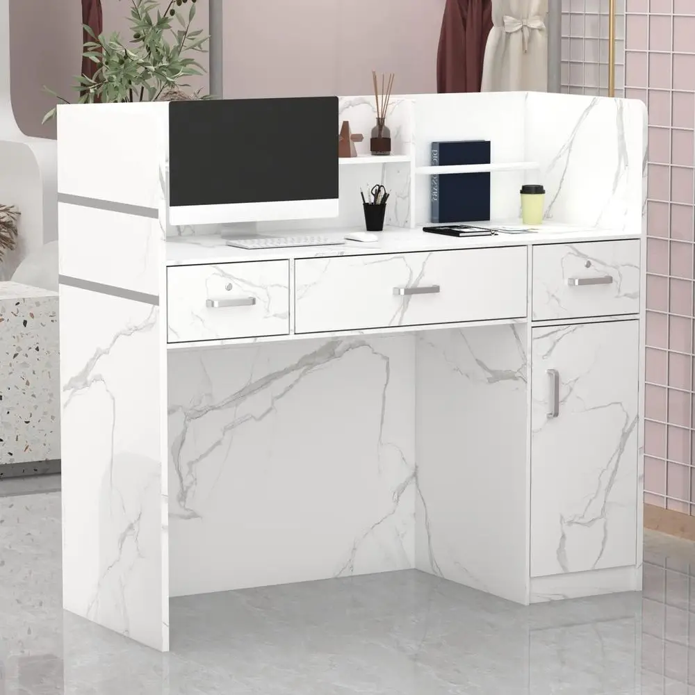 

Reception Stations with Open Shelf & Drawers, Wooden Counter Desk with Lockable Drawer for Office Reception Room (Marble White)