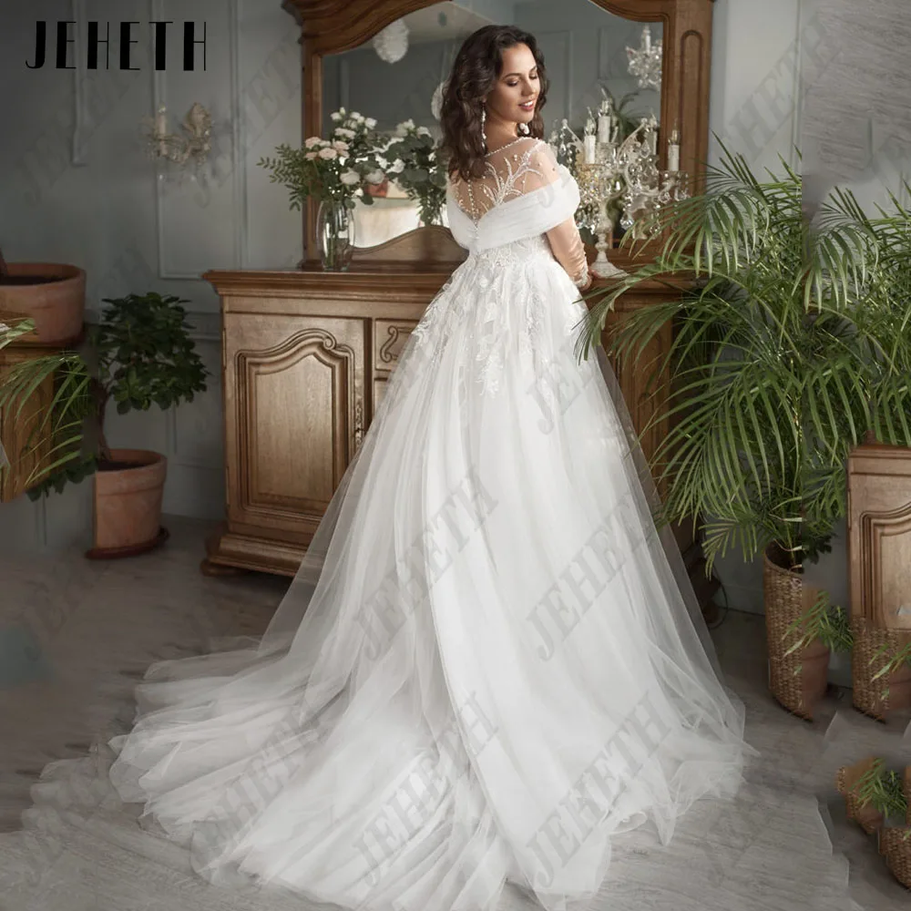 Jeheth Hyundai vestido de novia de manga larga vestido de novia con cremallera de JEHETH-vestido de novia de manga larga con cuello en V profundo, traje de novia con cremallera, apliques de línea A de tul, talla grande