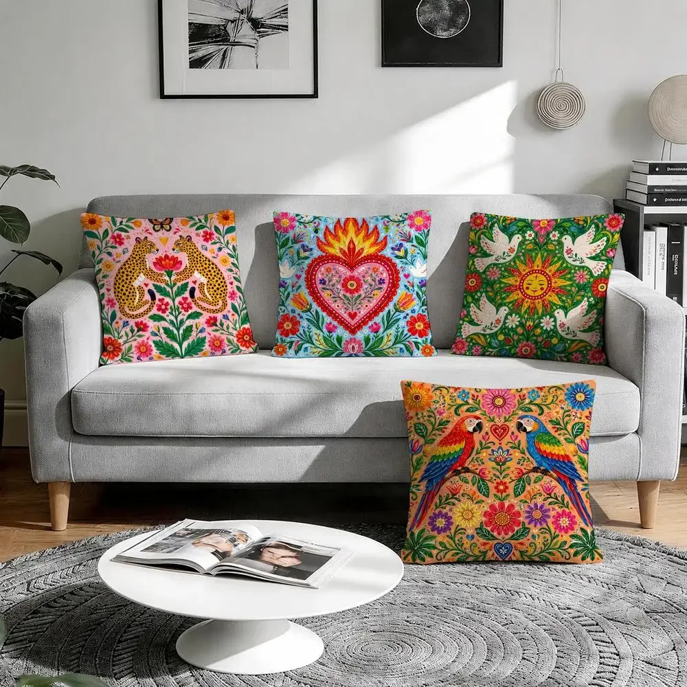 Mexico Folk Style Painted Print Cushion Cover Natural Breathable Durable Linen Printed Decor Pillow Case Sofa Bedroom