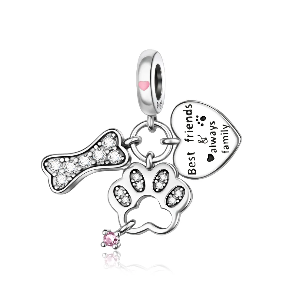 925 Silver Cute Pet Dog Lover Paw Print Bone Heart Poodle French Bulldog Teddy Yorkshire Terrier Charms Bead Fit Bracelet Gift