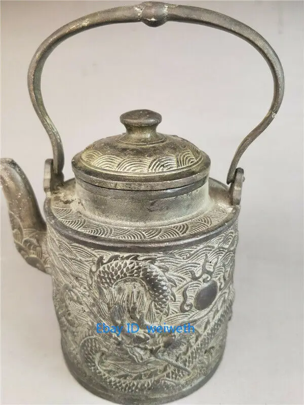 Old Bronze Handwork Carved Dragon Statue Teapot W Qianlong Mark