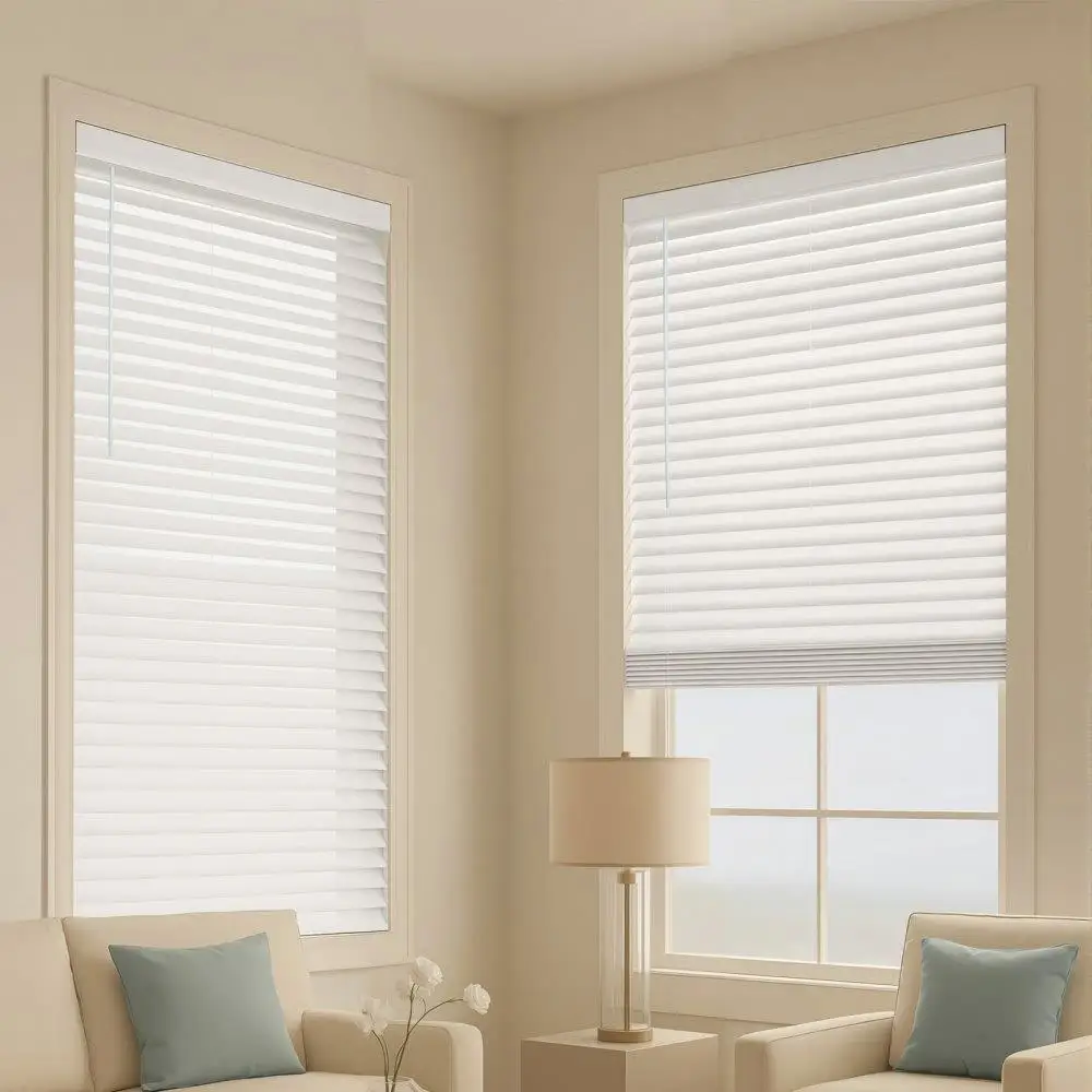 

Cordless Faux Wood Blinds 2 Inch Slat White 34.5 Wide x 60 High Window Shades Indoor Covering
