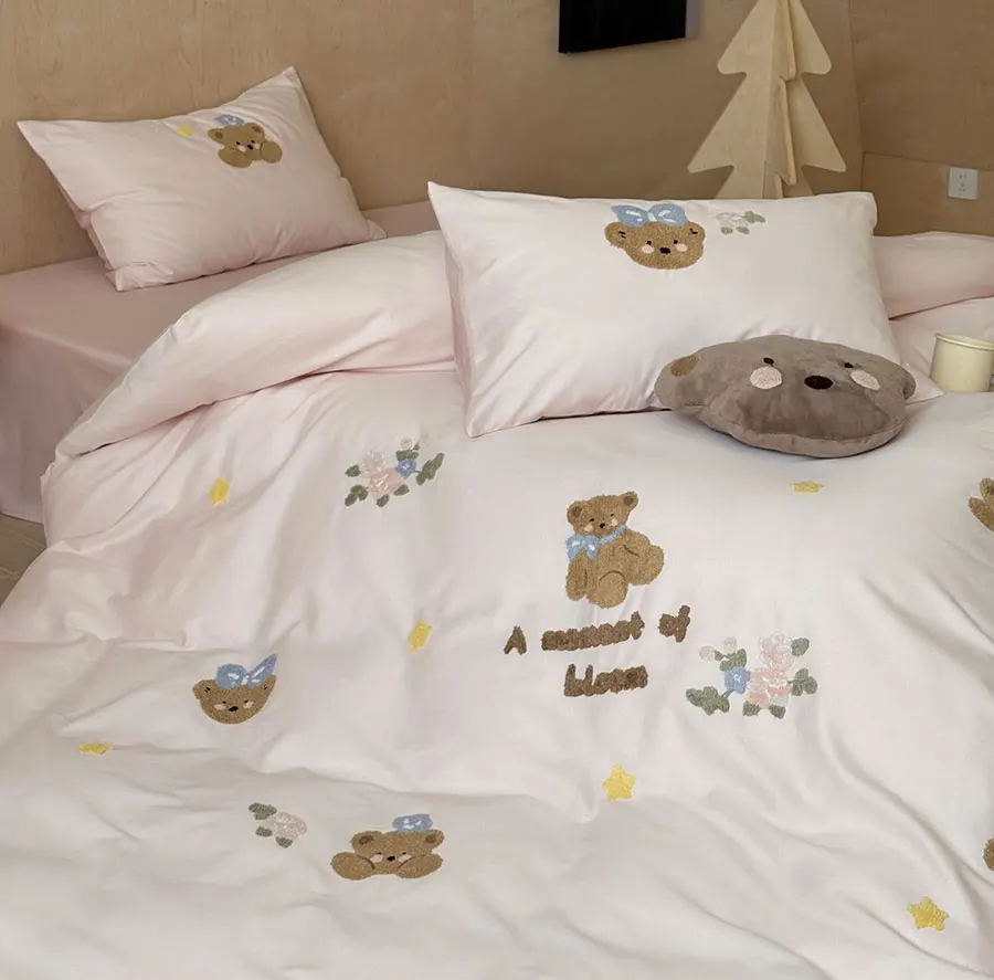 

cute cartoon bear flower blue pink bedding set teen,twin full queen king cotton home textile flat sheet pillow case quilt cover