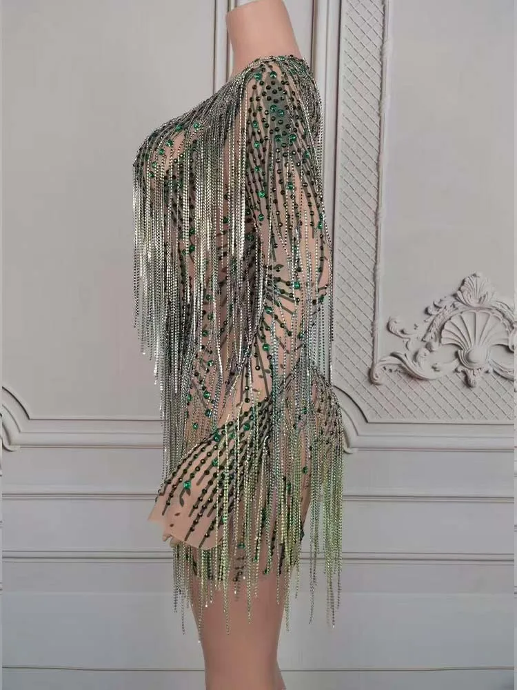 جودة عالية حجر الراين شرابة مثير عارية الظهر فستان بأكمام طويلة 2025 موضة جديدة مخصصة الملابس النسائية #5