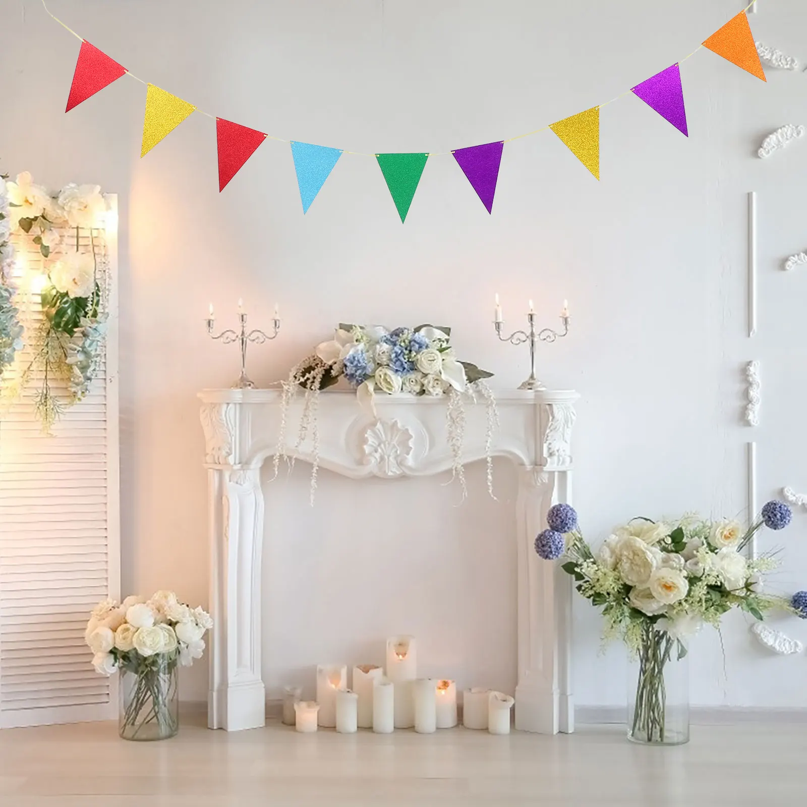 

2 Sets Multicolor Triangle Glitter Paper Bunting Flags Banner Pennant Wedding Party Playroom Decorations Birthday Celebration