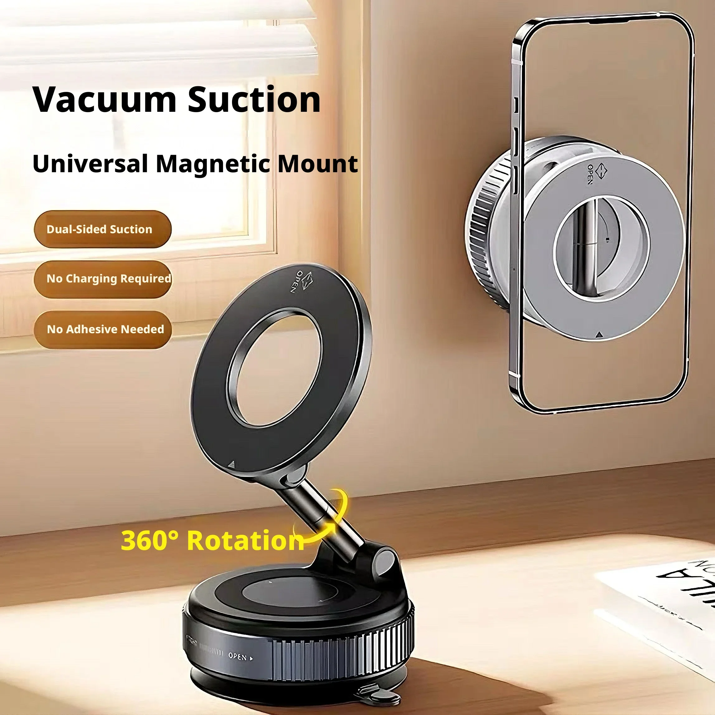 Vacuum Magnetic Car Phone Holder Cup 360 Degree Rotation Foldable Metal Mount No Glue No Power For Car Dashboard Window Desk