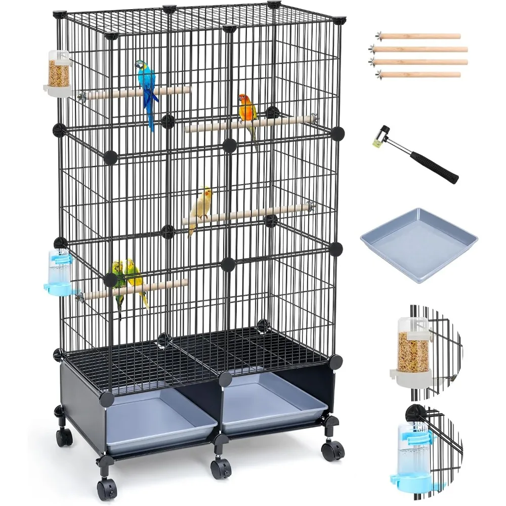 46-inch Metal Bird Cage with Wooden Perches, Slide-out Tray, Water Bottle &
